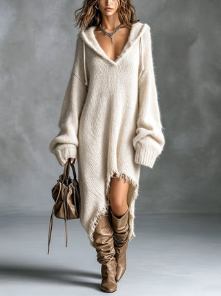 ElevenOra Chic Elegant Brown Hooded-Collar Dropped Shoulder Long-Sleeve Asymmetrical Hem Raw Edge Detail Oversize Fuzzy Knit Midi Dress