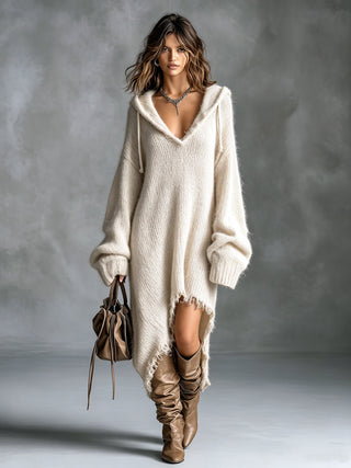 ElevenOra Chic Elegant Brown Hooded-Collar Dropped Shoulder Long-Sleeve Asymmetrical Hem Raw Edge Detail Oversize Fuzzy Knit Midi Dress