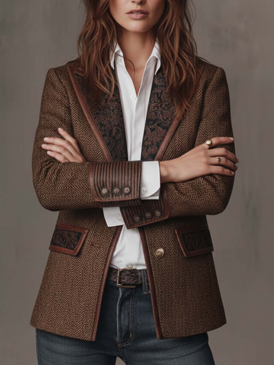 Blazer mit Fischgrätmuster und Print-Panel