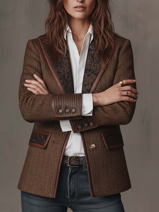 Blazer mit Fischgrätmuster und Print-Panel