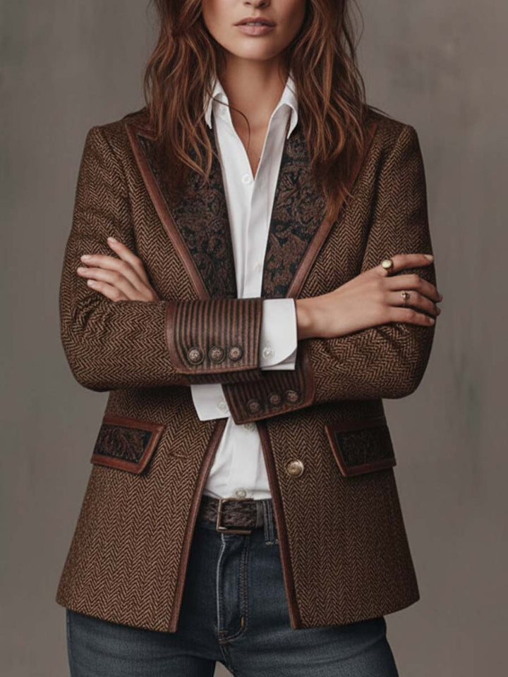 Blazer mit Fischgrätmuster und Print-Panel