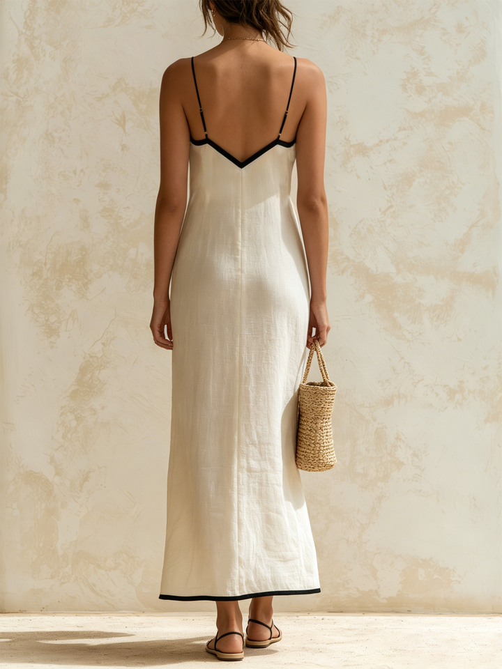Simona – Langes Leinenkleid im Nachthemd-Stil mit Zickzack-Kontrastborte