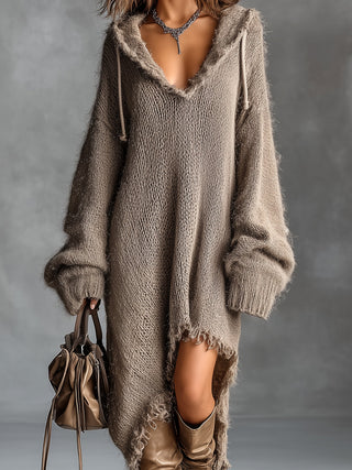 ElevenOra Chic Elegant Brown Hooded-Collar Dropped Shoulder Long-Sleeve Asymmetrical Hem Raw Edge Detail Oversize Fuzzy Knit Midi Dress