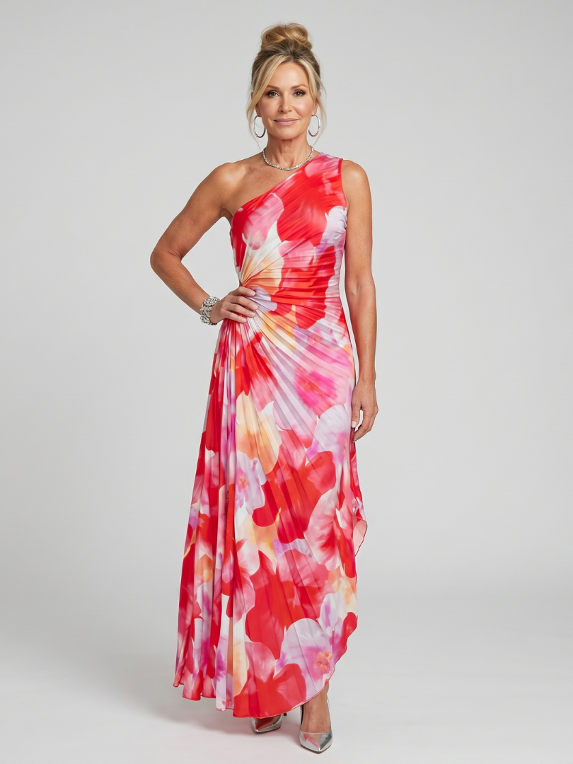 Taya | Ein Schulter Faltenrock Midi Kleid
