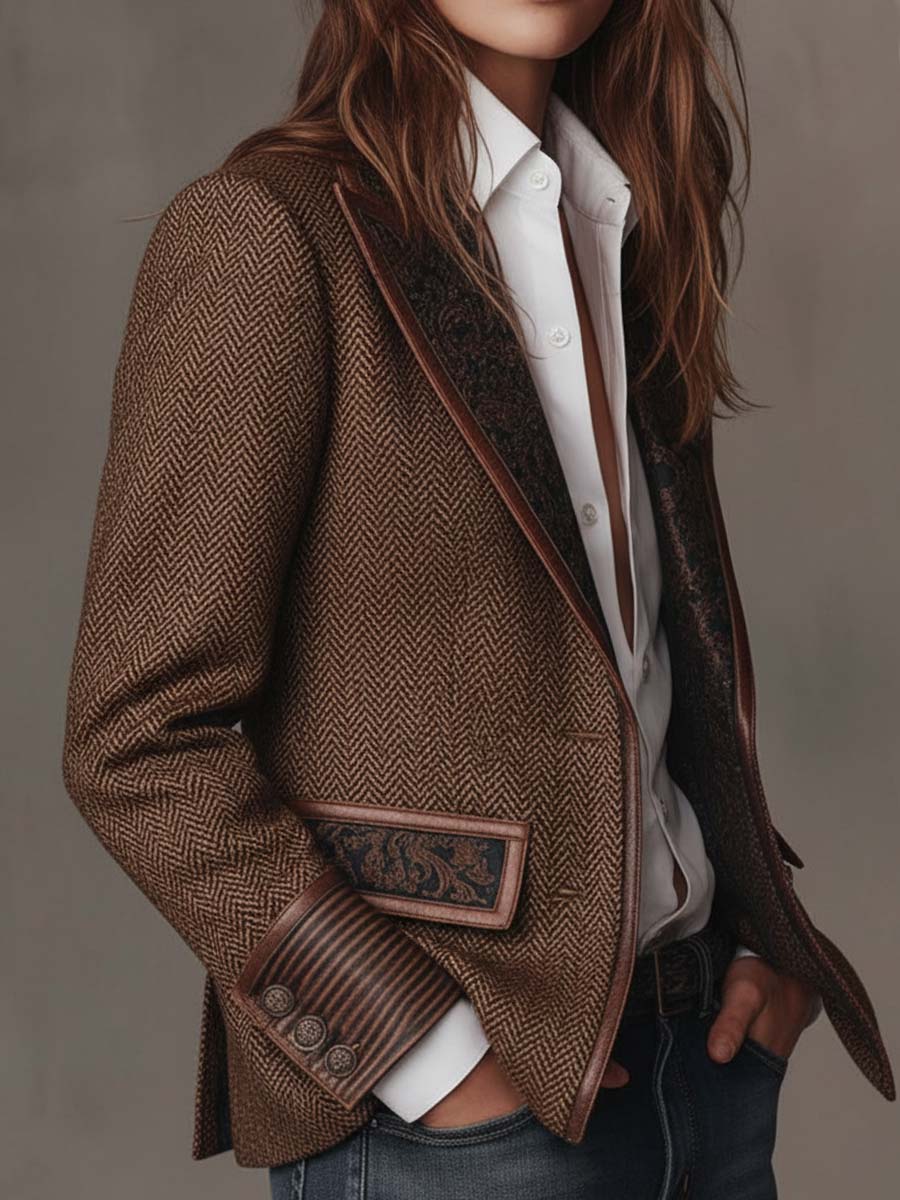 Blazer mit Fischgrätmuster und Print-Panel