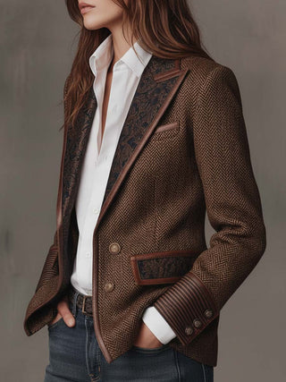 Blazer mit Fischgrätmuster und Print-Panel