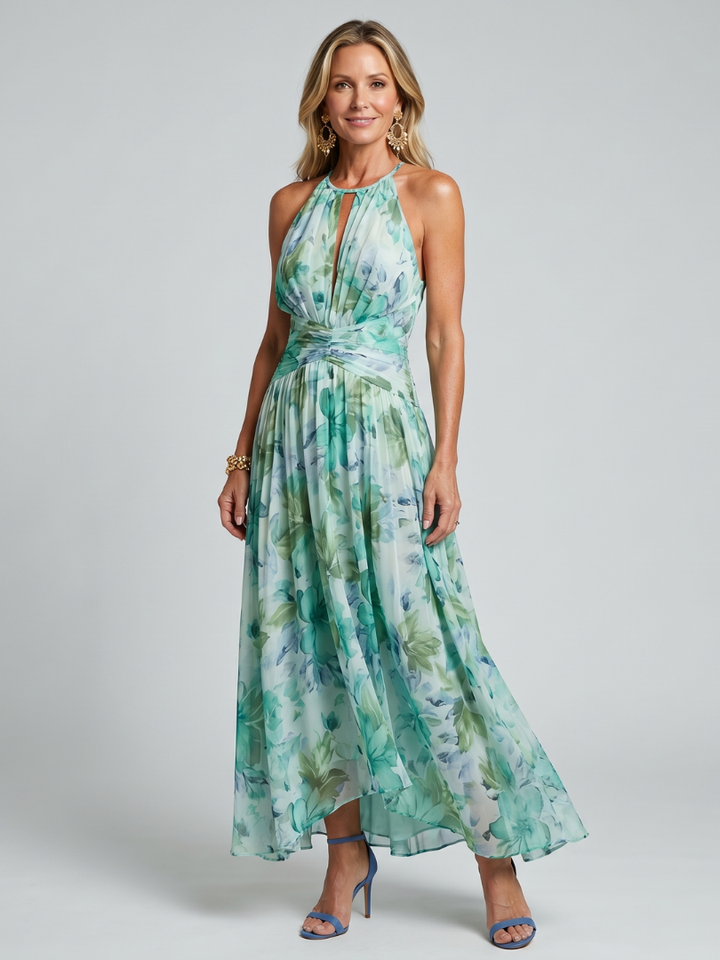 Portia | Faltendes Halterkleid mit weichem Blumenmuster in Midi-Länge