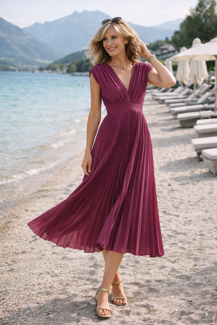 Anja – Plissiertes Midikleid mit V-Ausschnitt