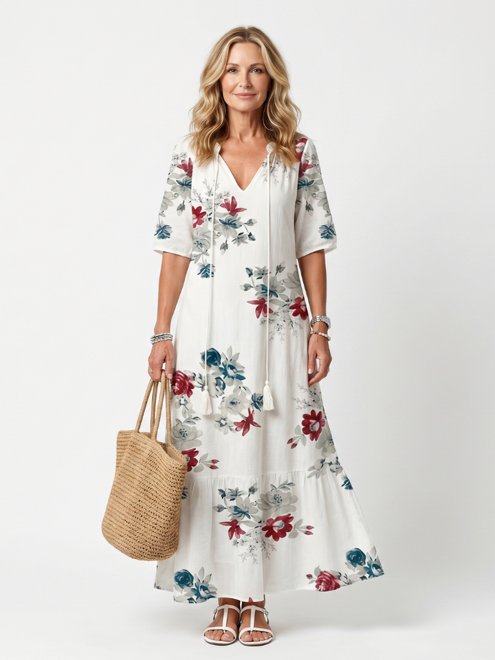 NAEL BERLIN | Geblümtes Boho-Midikleid mit Bommeln Élina