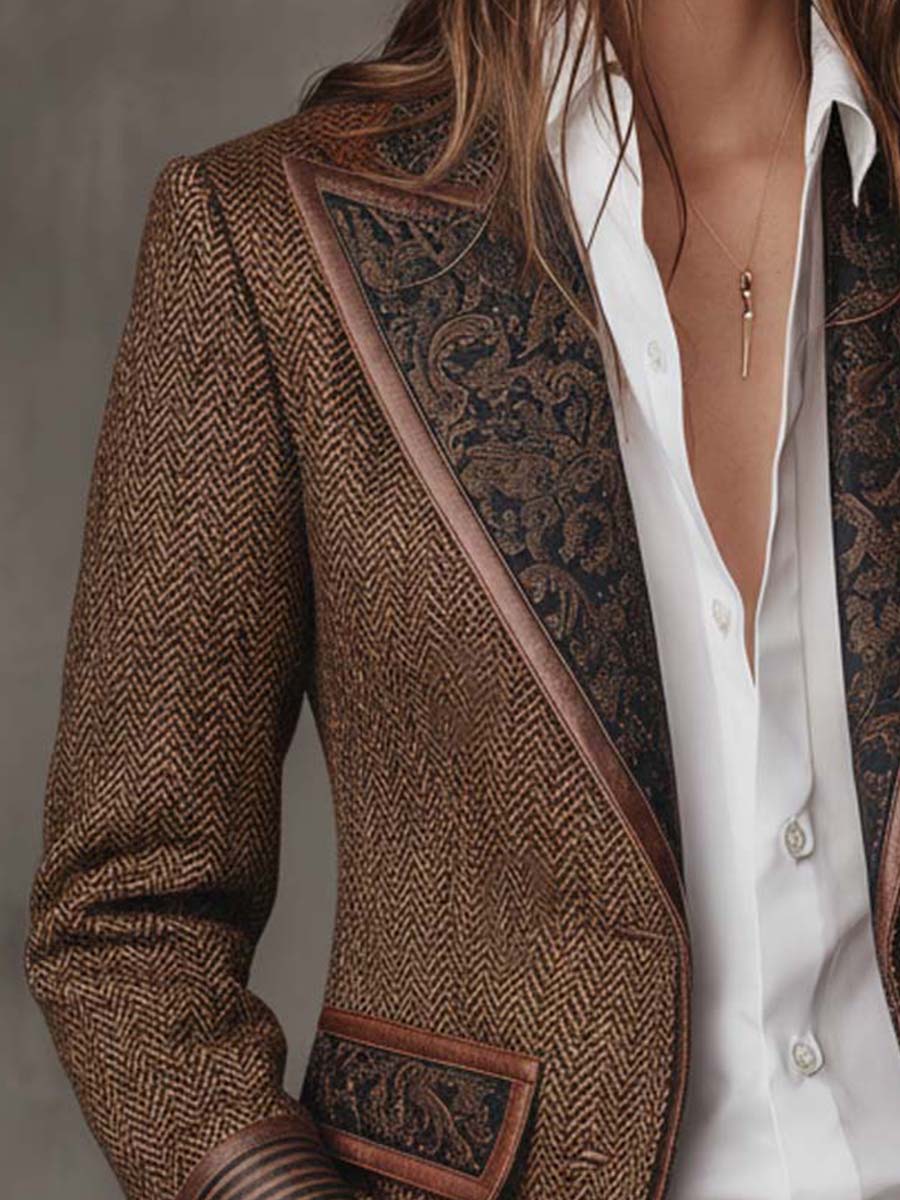Blazer mit Fischgrätmuster und Print-Panel