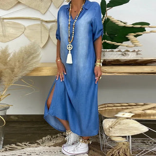 Daniela | Langes Kleid im Jeans-Look mit Seitenschlitz