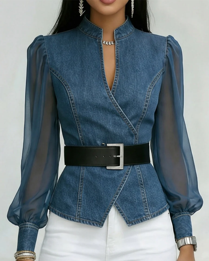 VESSA / JEANS-TOP MIT LEICHTEN CHIFFONÄRMELN