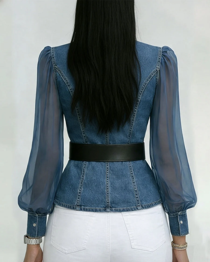 VESSA / JEANS-TOP MIT LEICHTEN CHIFFONÄRMELN