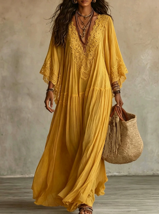 Celeste – Langes Chiffonkleid Elfenbein mit Spitze