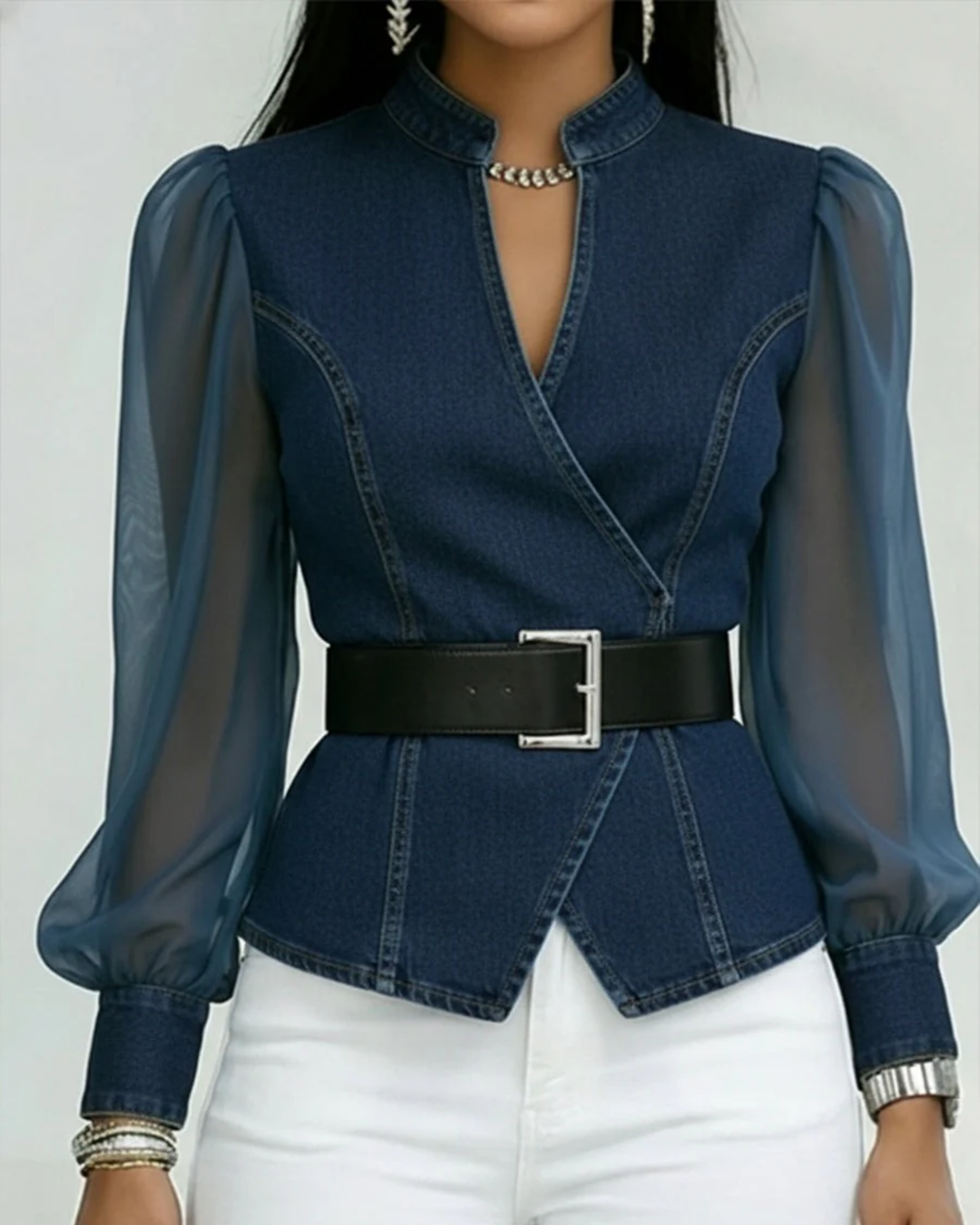 VESSA / JEANS-TOP MIT LEICHTEN CHIFFONÄRMELN