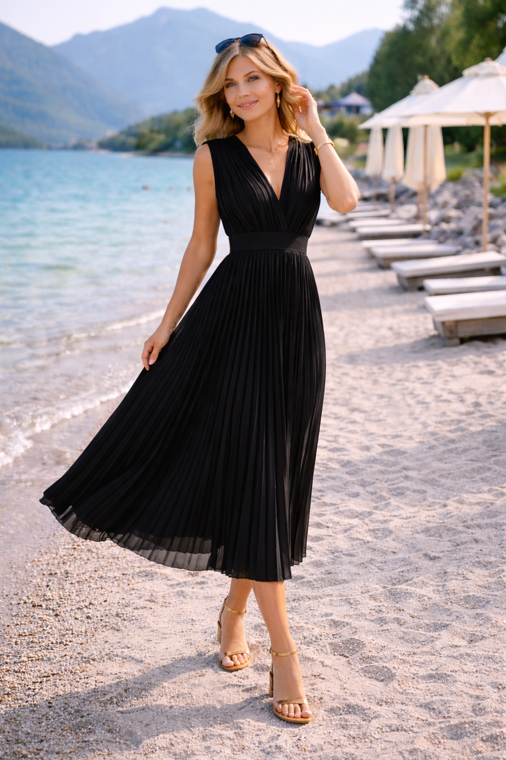 Anja – Plissiertes Midikleid mit V-Ausschnitt