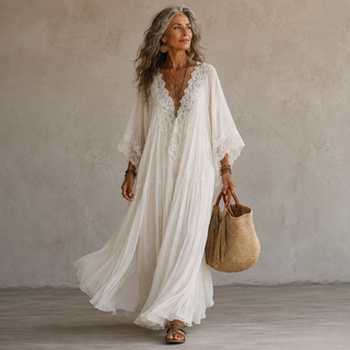 Celeste – Langes Chiffonkleid Elfenbein mit Spitze
