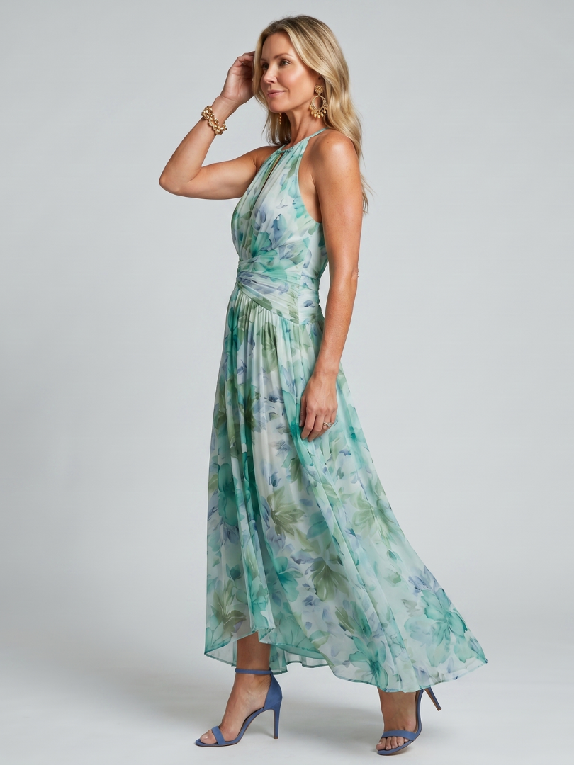 Portia | Faltendes Halterkleid mit weichem Blumenmuster in Midi-Länge