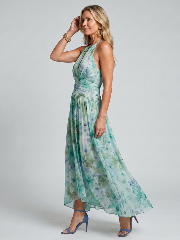 Portia | Faltendes Halterkleid mit weichem Blumenmuster in Midi-Länge