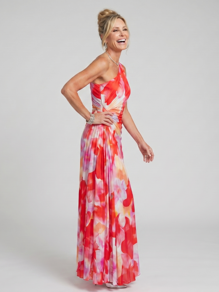 Taya | Ein Schulter Faltenrock Midi Kleid