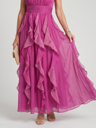 Orea | Maxikleid mit hohem Hals, gerafften Rüschenschichten