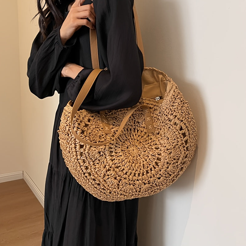Lola – Runde Musterflecht-Tasche aus Stroh – Cognac