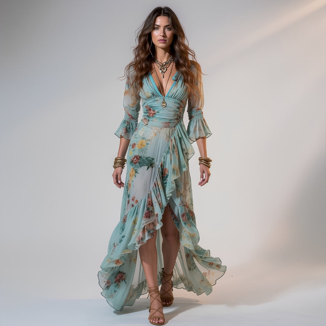 Serena | Florales Chiffon-Maxikleid mit Rüschen