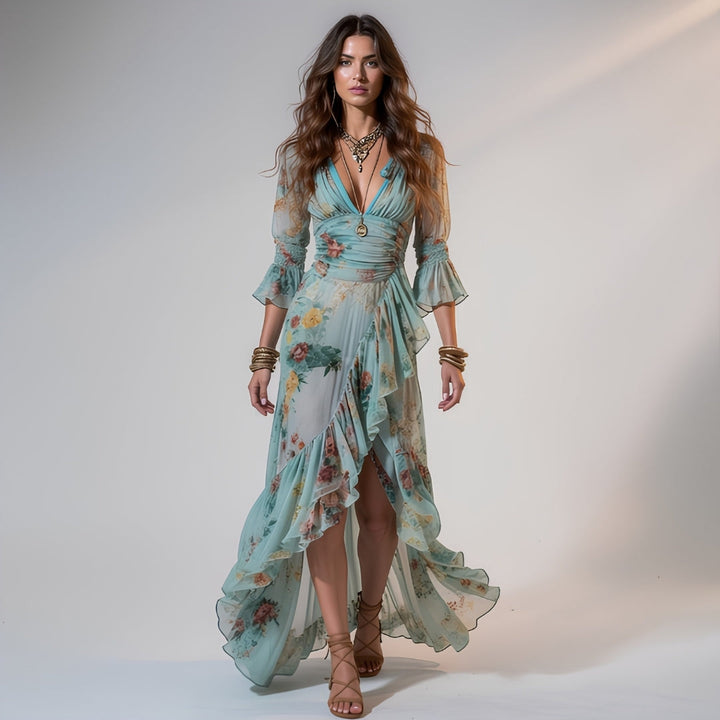 Serena | Florales Chiffon-Maxikleid mit Rüschen