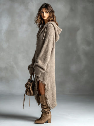 ElevenOra Chic Elegant Brown Hooded-Collar Dropped Shoulder Long-Sleeve Asymmetrical Hem Raw Edge Detail Oversize Fuzzy Knit Midi Dress