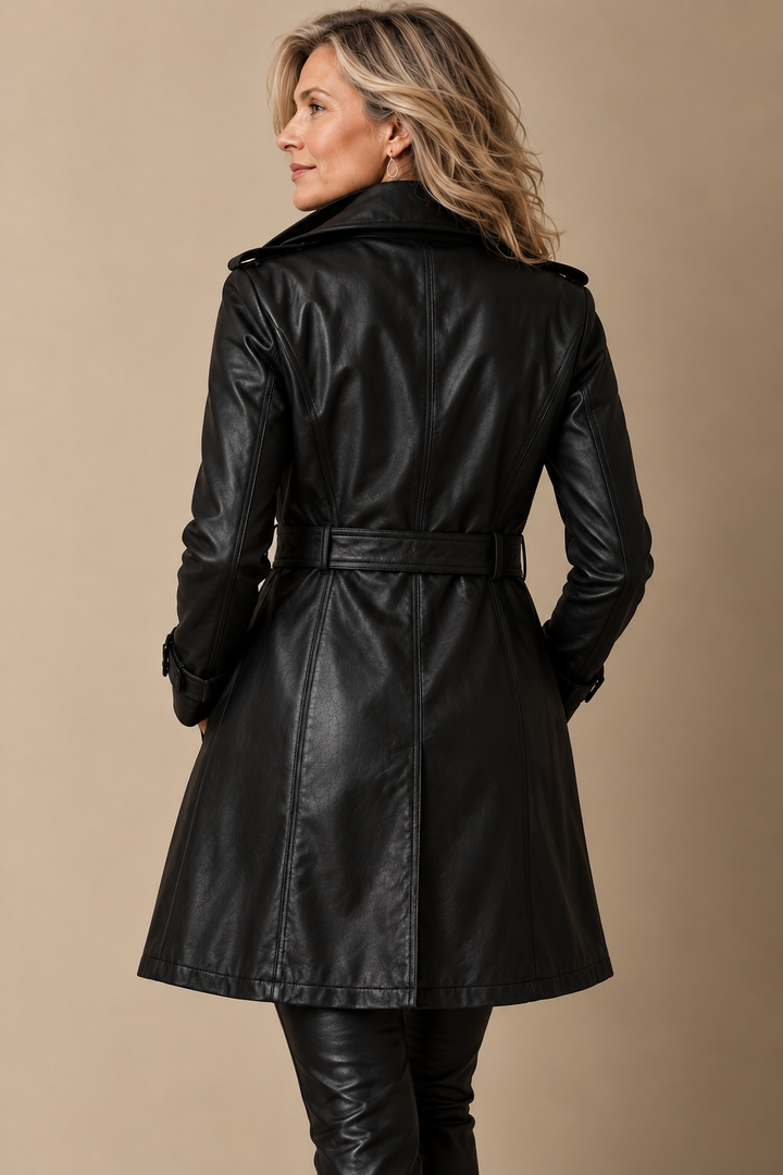 Charlotte™ | Lange Damen-Lederjacke aus Kunstleder mit Fellkragen