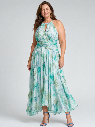 Portia | Faltendes Halterkleid mit weichem Blumenmuster in Midi-Länge