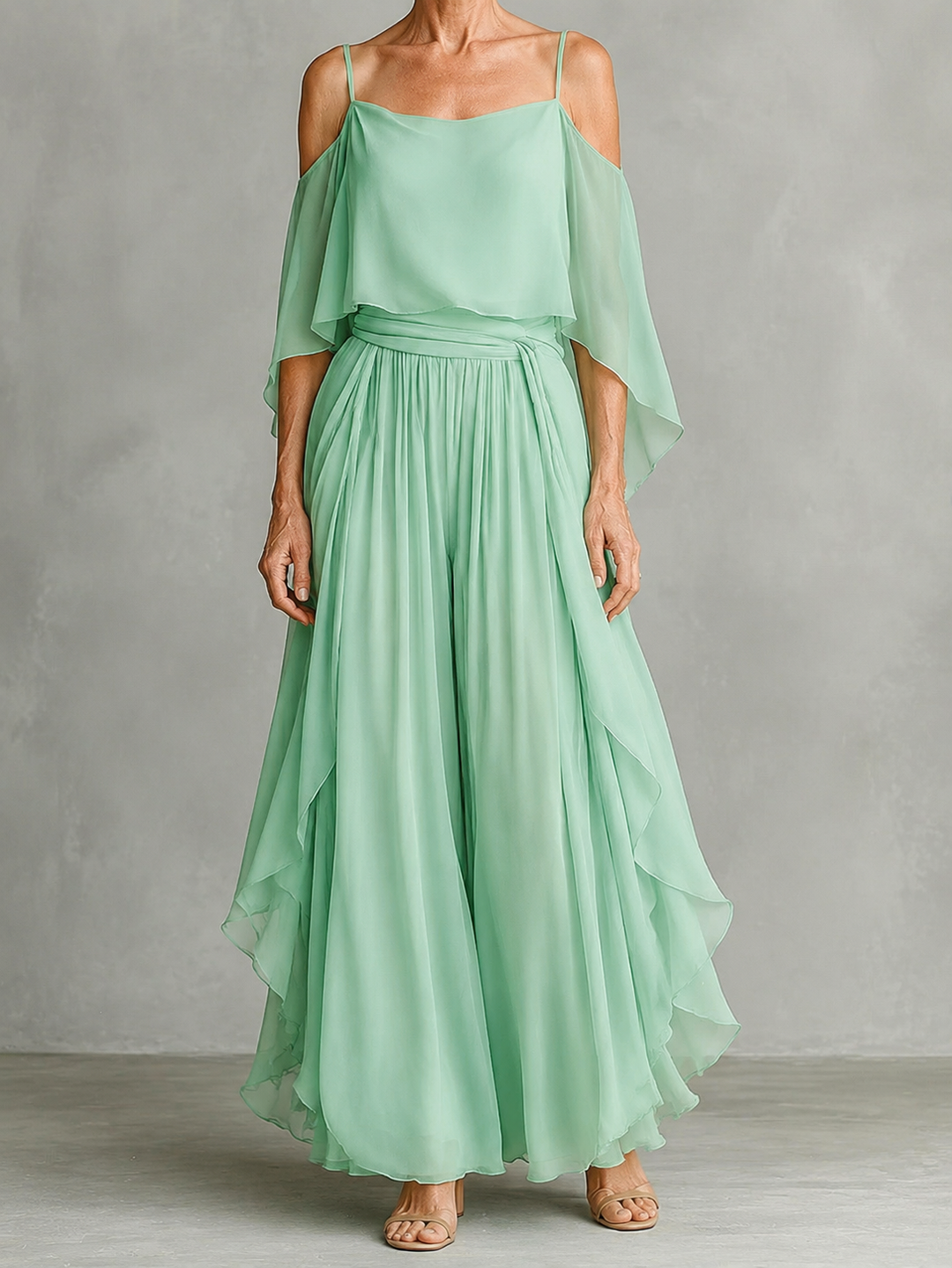 Grey off-shoulder flowy camisole and trousers chiffon set