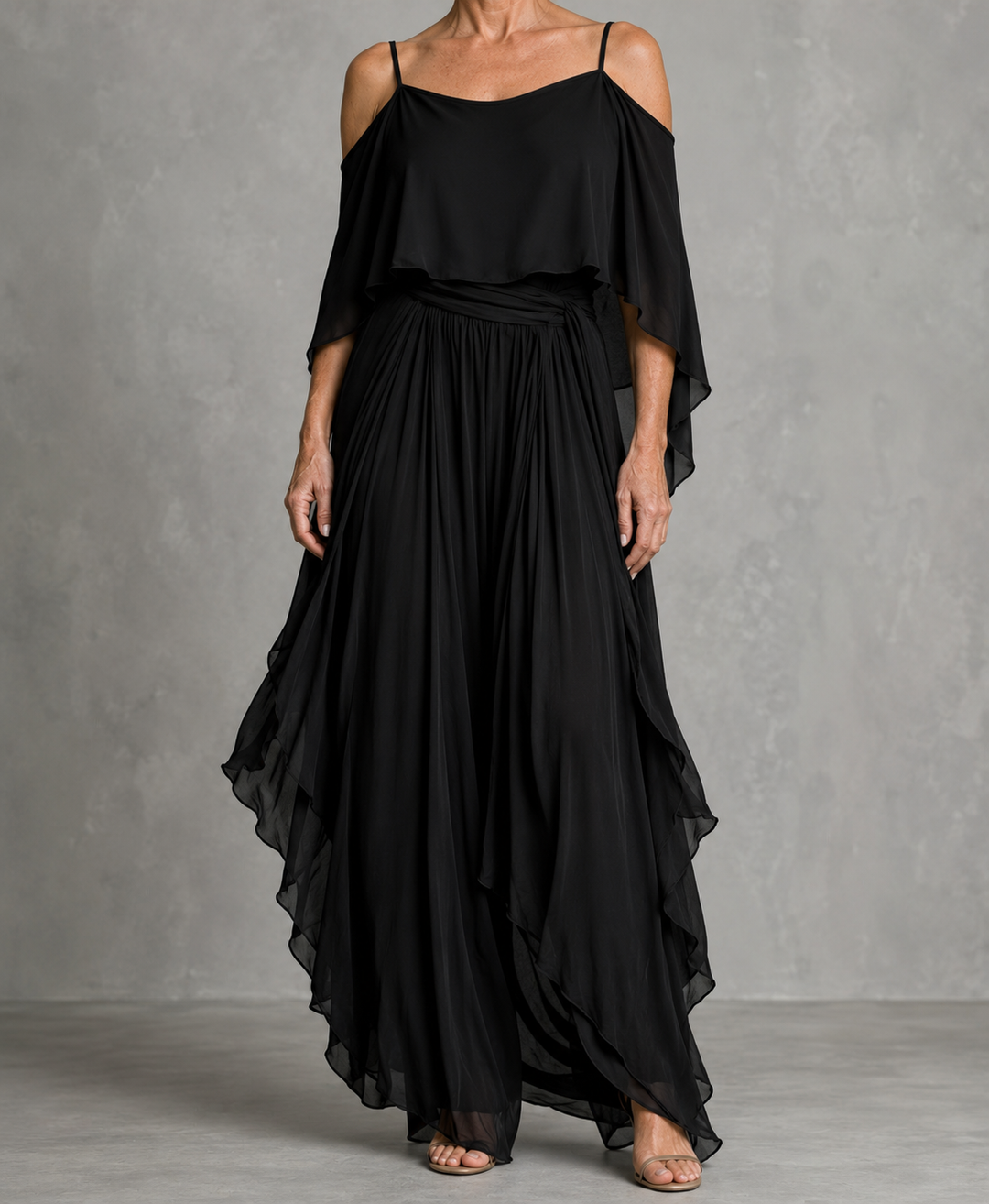 Grey off-shoulder flowy camisole and trousers chiffon set