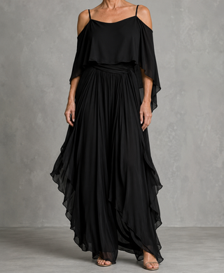 Grey off-shoulder flowy camisole and trousers chiffon set