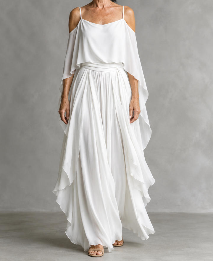 Grey off-shoulder flowy camisole and trousers chiffon set