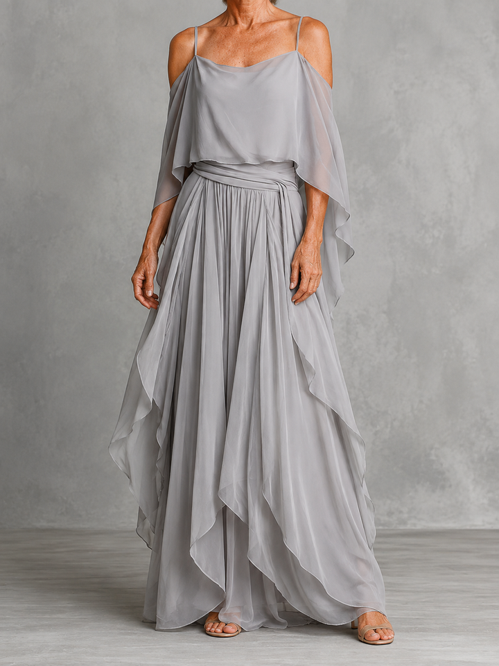 Grey off-shoulder flowy camisole and trousers chiffon set