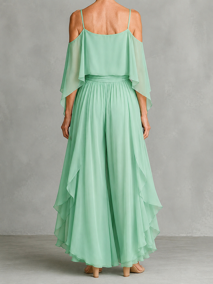 Grey off-shoulder flowy camisole and trousers chiffon set