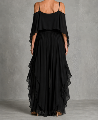 Grey off-shoulder flowy camisole and trousers chiffon set
