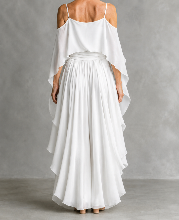 Grey off-shoulder flowy camisole and trousers chiffon set