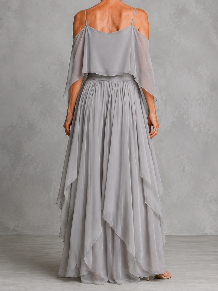Grey off-shoulder flowy camisole and trousers chiffon set