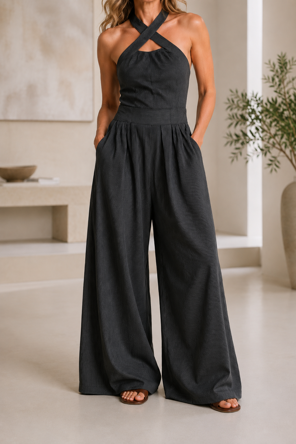 Bianca | Overall aus Leinen und Baumwolle mit elegantem Überkreuzausschnitt