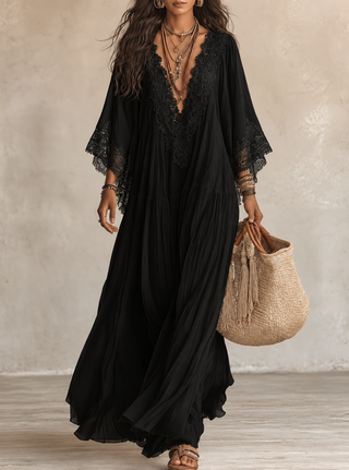 Celeste – Langes Chiffonkleid Elfenbein mit Spitze