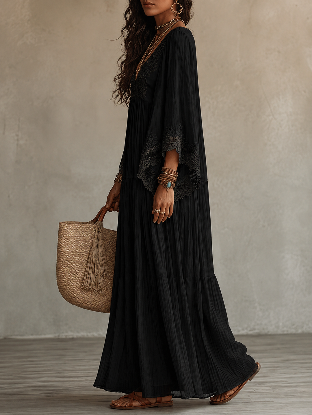 Celeste – Langes Chiffonkleid Elfenbein mit Spitze