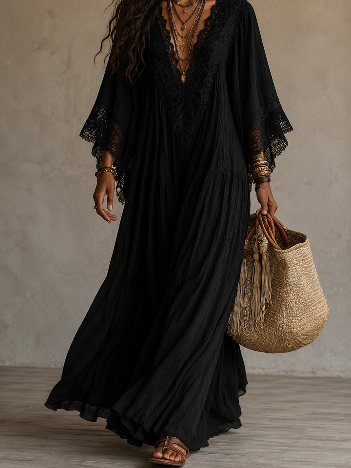 Celeste – Langes Chiffonkleid Elfenbein mit Spitze