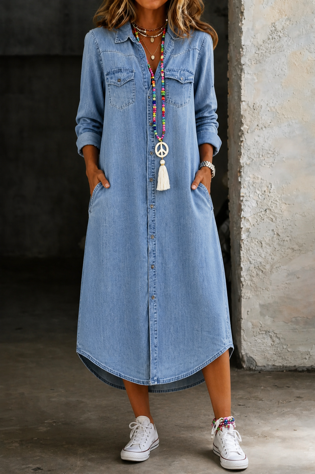 Helen | Langes Jeans-Hemdkleid