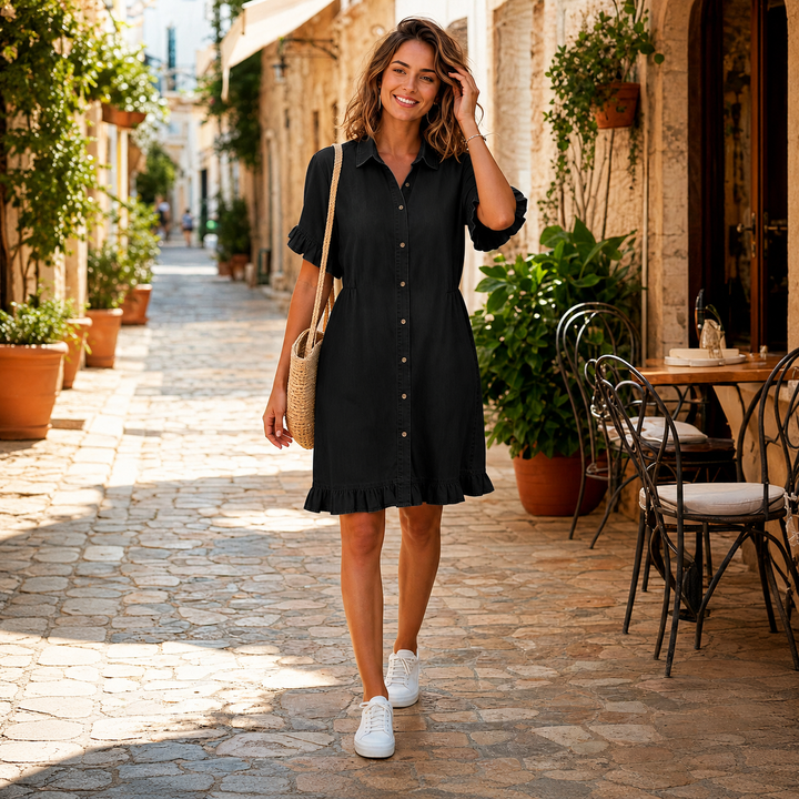 Romy | Bequemes Denim-Kleid mit schmeichelnder Raffung