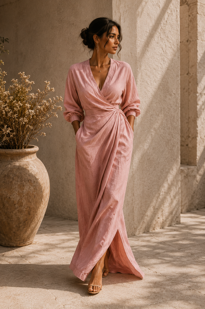 Roxa | Rosa Maxikleid mit V-Ausschnitt