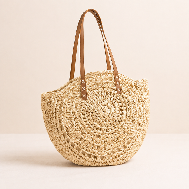 Luigia – Runde Musterflecht-Tasche aus Stroh – Naturbeige