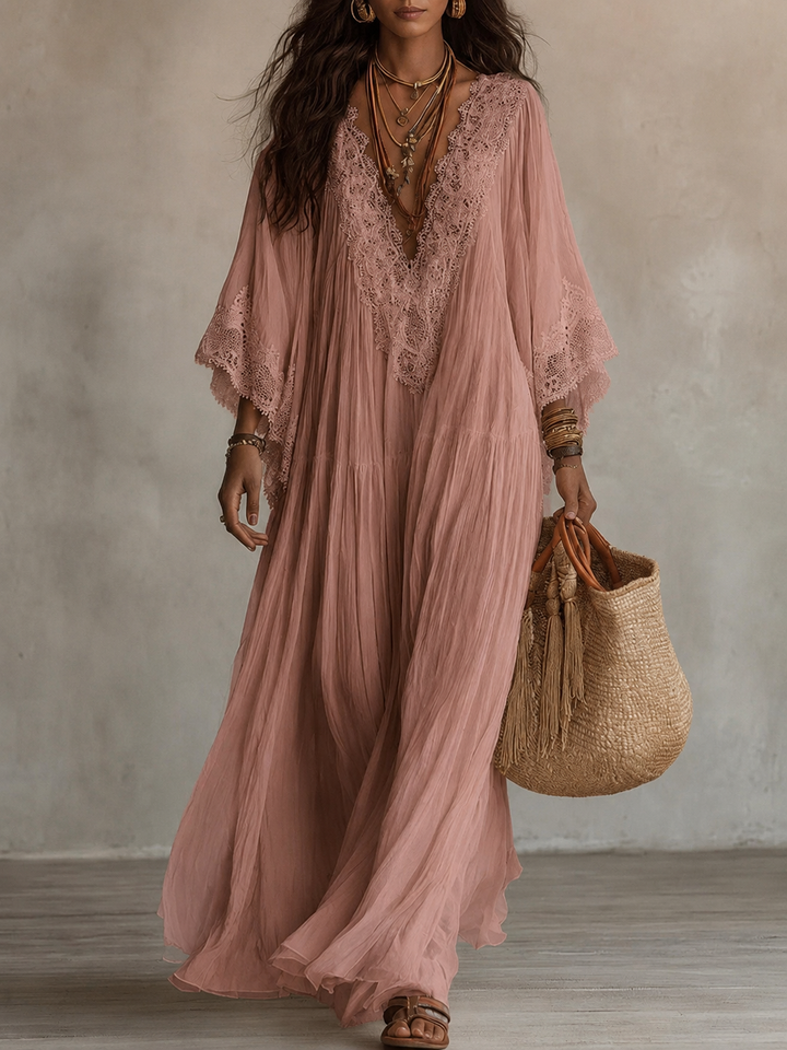 Celeste – Langes Chiffonkleid Elfenbein mit Spitze