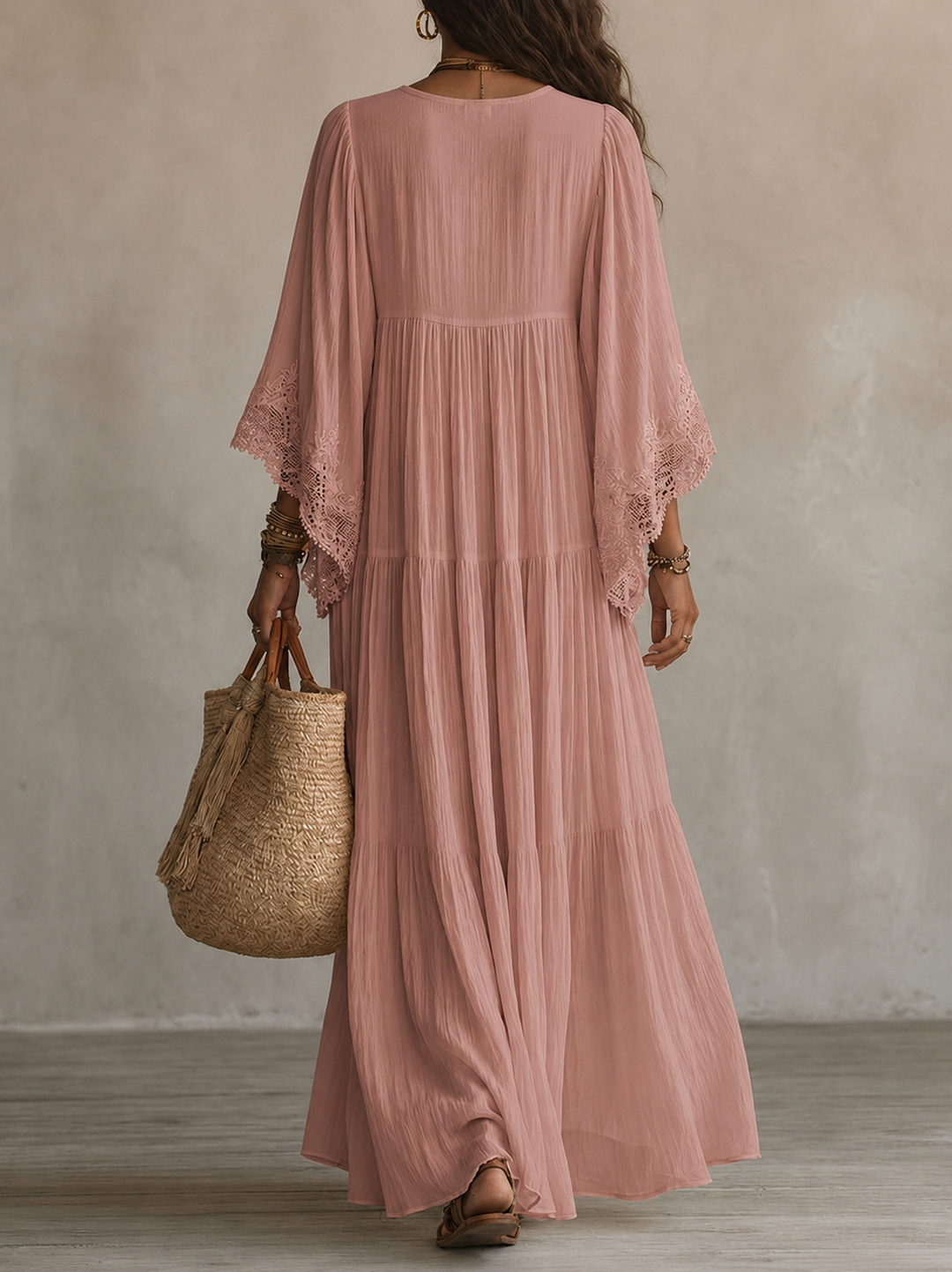 Celeste – Langes Chiffonkleid Elfenbein mit Spitze